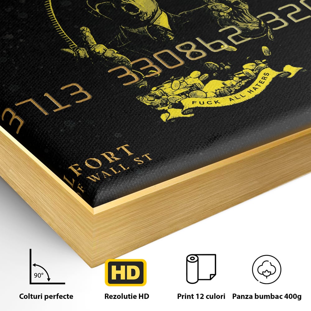 Detaliu al suprafetei: tablou canvas cu card bancar auriu, in rama de aluminiu auriu